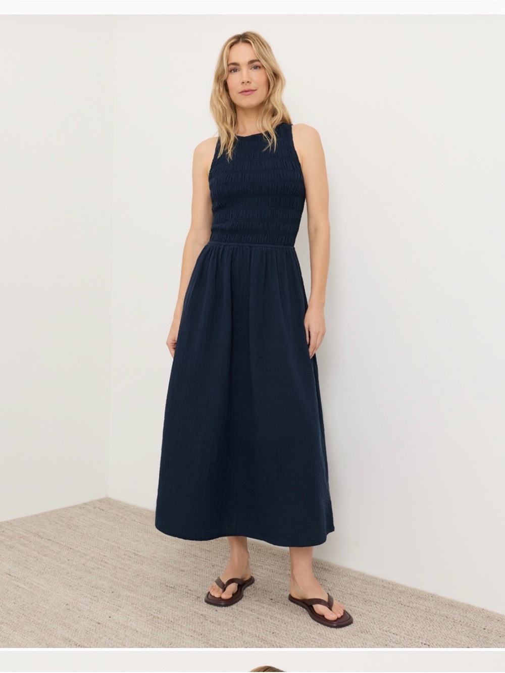 Pact Navy Smocked Bodice Maxi Dress